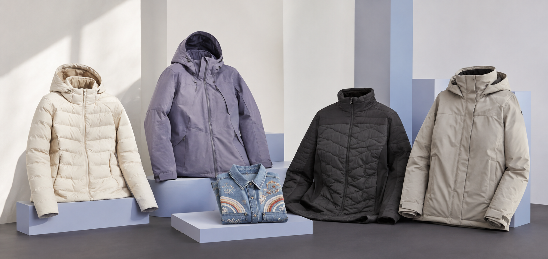 Four outdoor jackets and a folded denim shirt arranged in a pale periwinkle studio