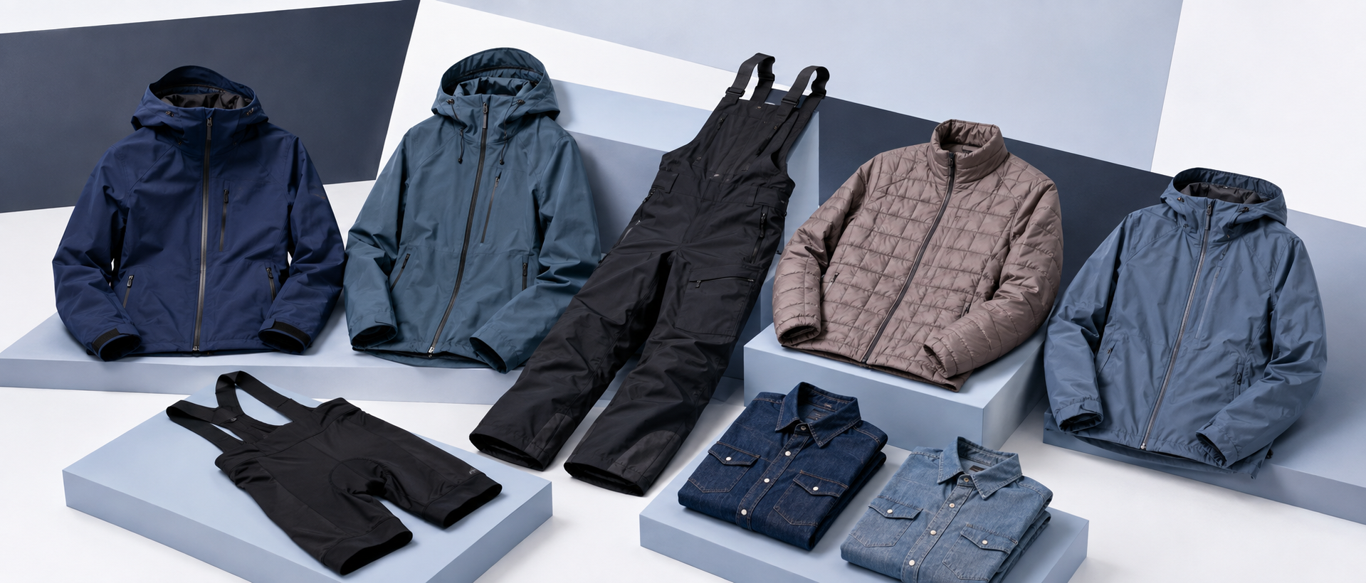 Outdoor jackets, snow bibs, cycling apparel, and denim shirts arranged on pale periwinkle plinths