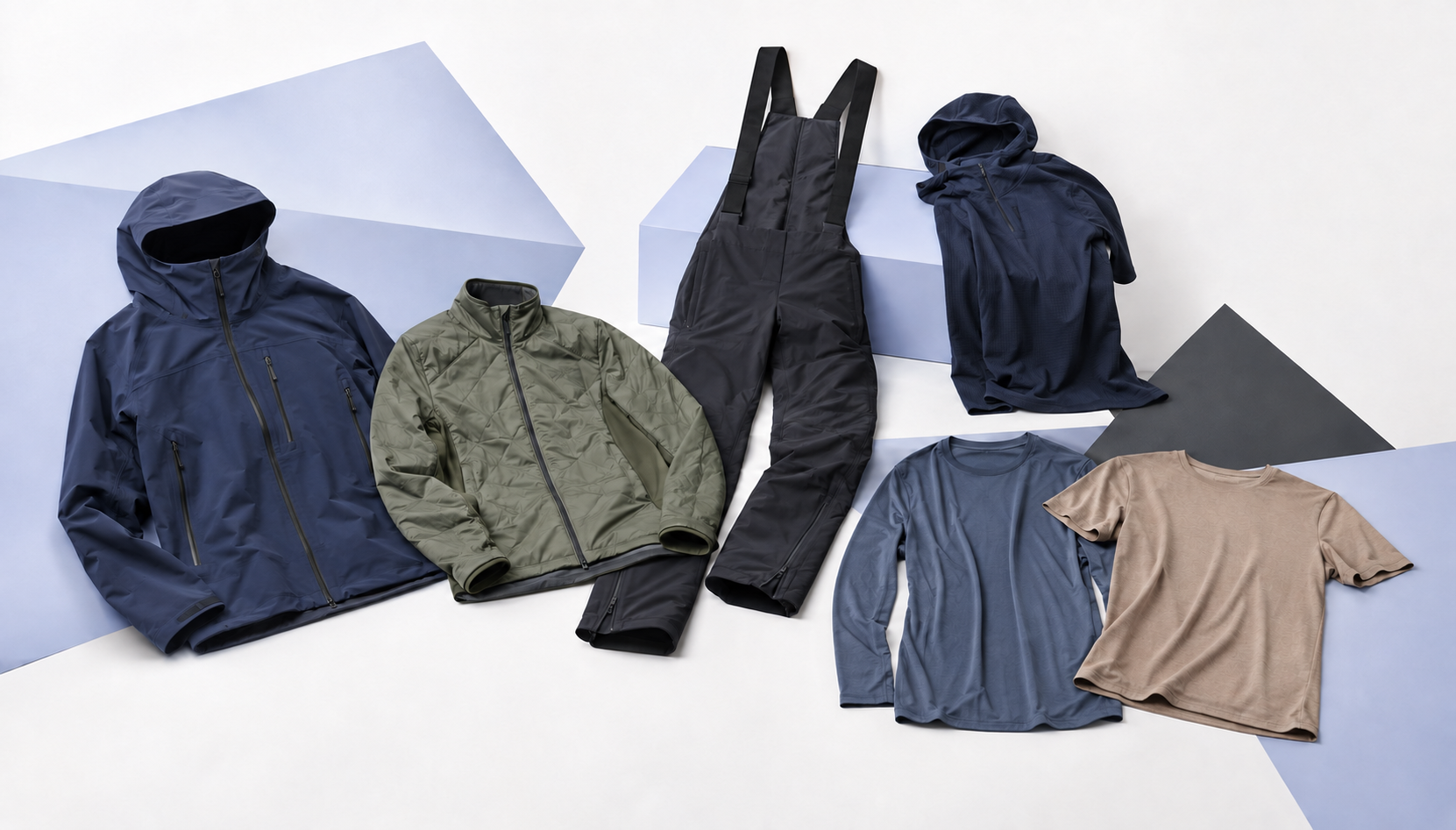 Outdoor jackets, bib pants, and layers arranged in a white and periwinkle studio