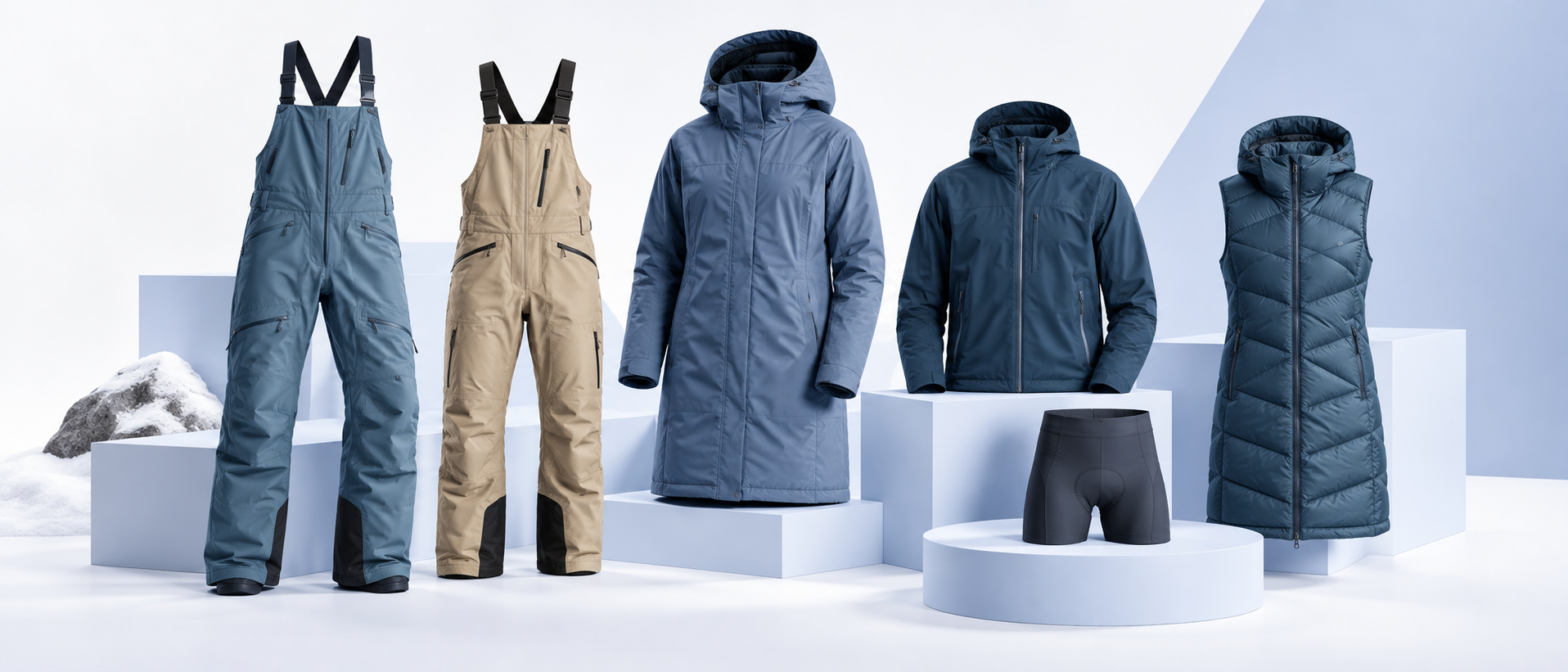 Snow bibs, jackets, gloves, and bike shorts arranged on a pale periwinkle studio surface