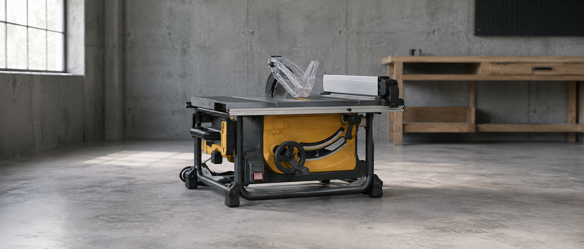 A compact portable jobsite table saw arranged with pale lumber in a white and periwinkle studio