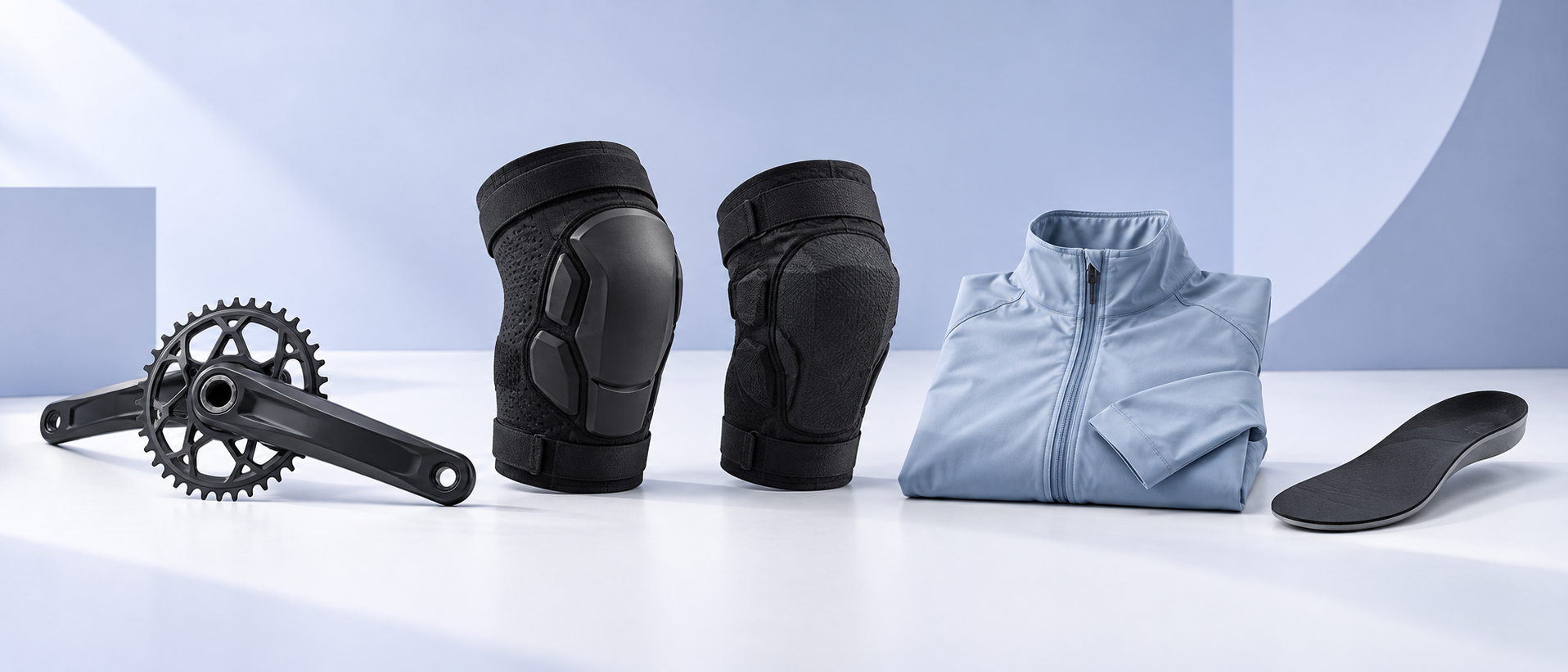 Editorial still life of cycling protection, a crankset, a softshell, and foot support