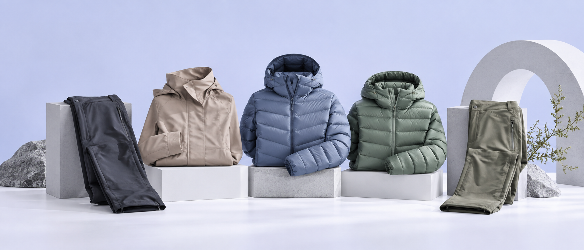 Outdoor jackets, pants, a hoodie, and shorts arranged in a pale periwinkle studio