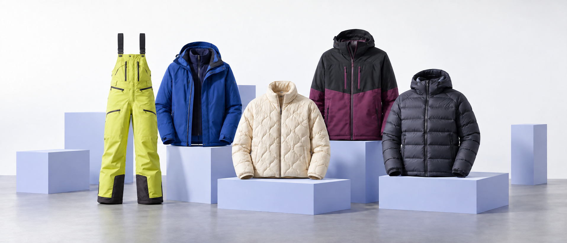 Outdoor jackets and bright bib pants arranged on pale periwinkle studio plinths