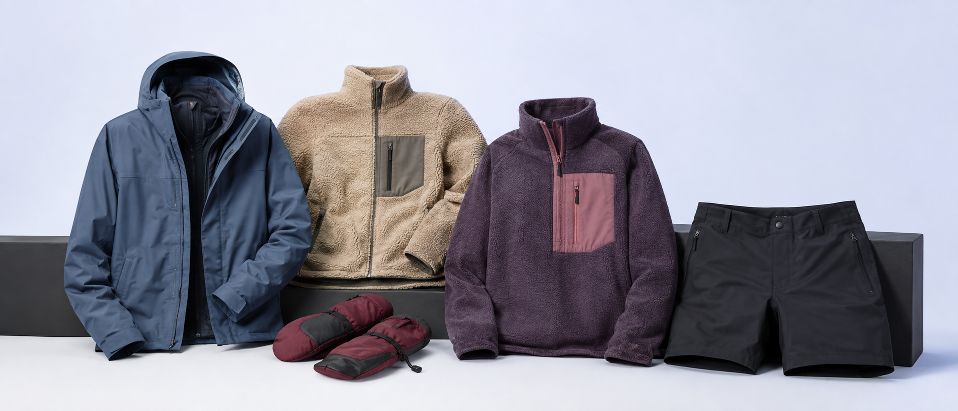 Outdoor jackets, fleeces, mittens, and shorts arranged in a white and pale periwinkle studio