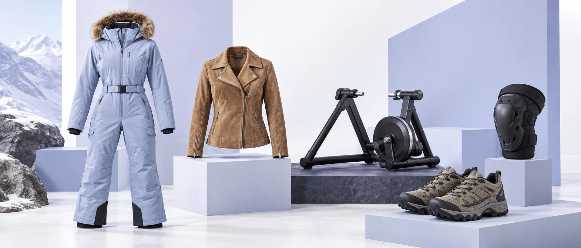 Snow, cycling, hiking, and outdoor gear arranged in a pale periwinkle editorial studio