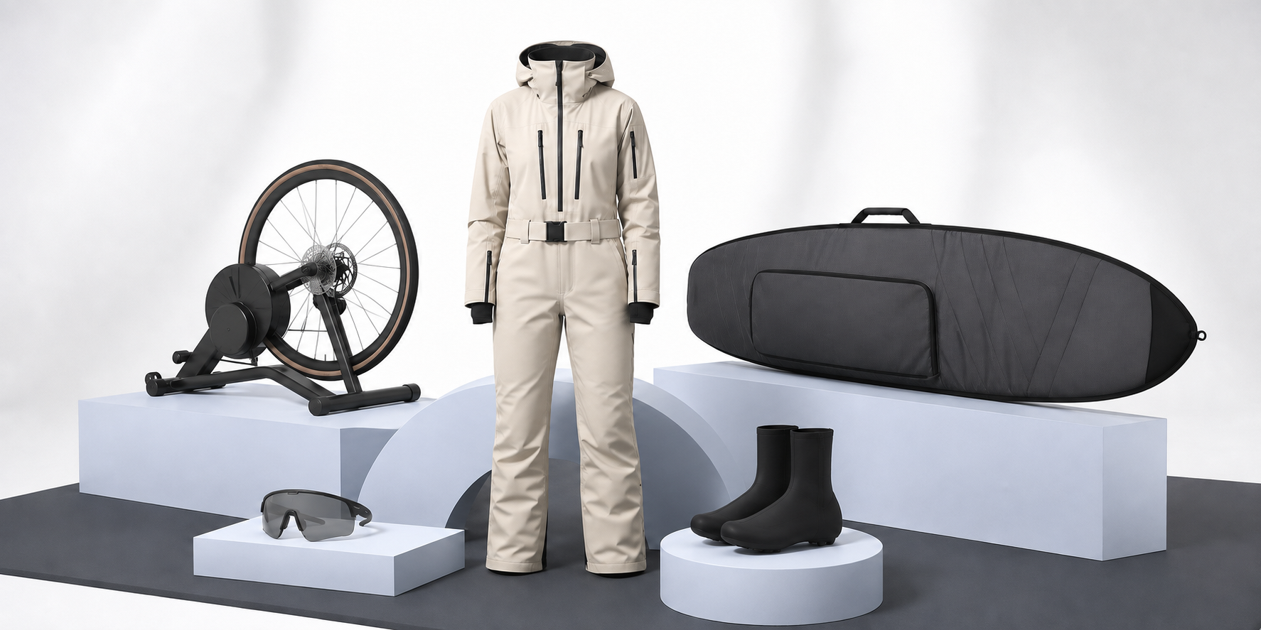 Snow apparel, a bicycle trainer, sunglasses, a surfboard bag, and cycling booties in a pale periwinkle studio
