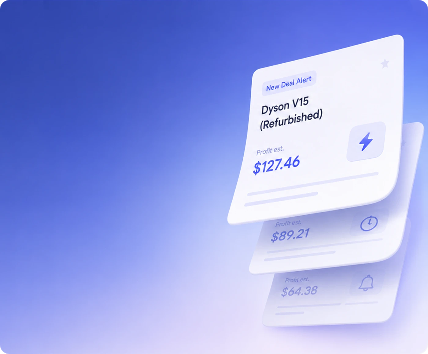 Stacked deal alert cards, the top one for a refurbished Dyson V15 with a $127.46 profit estimate.